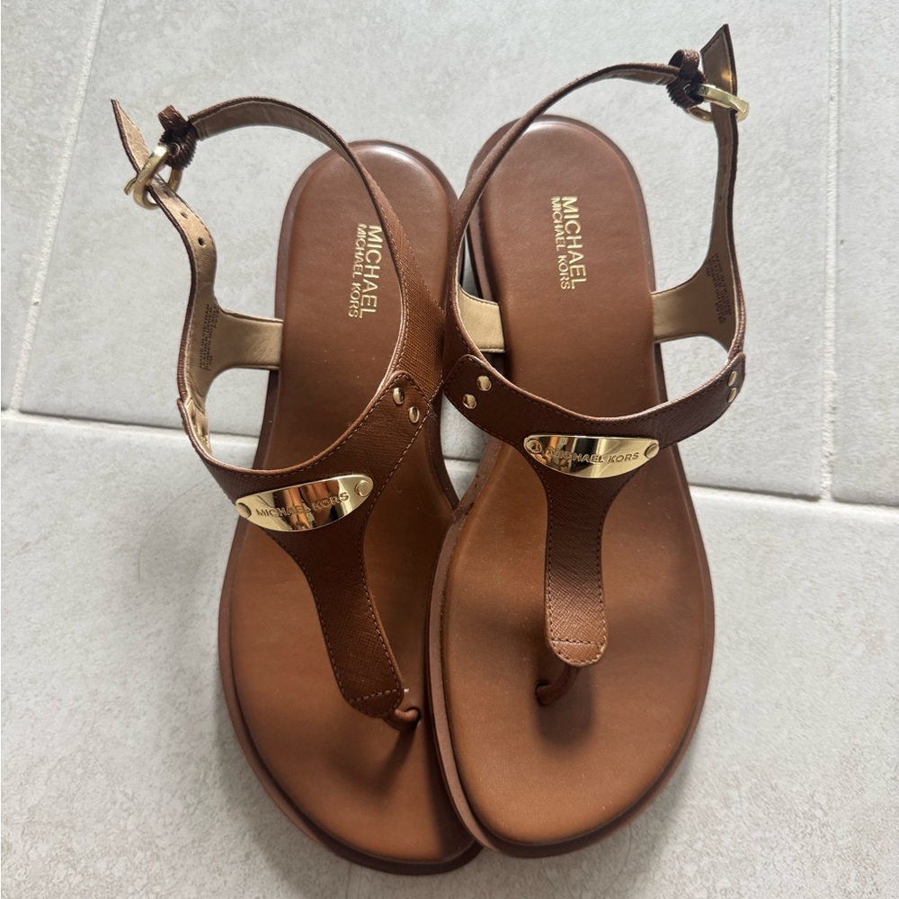 Michael Kors Tan Leather Sandals with Gold Accents